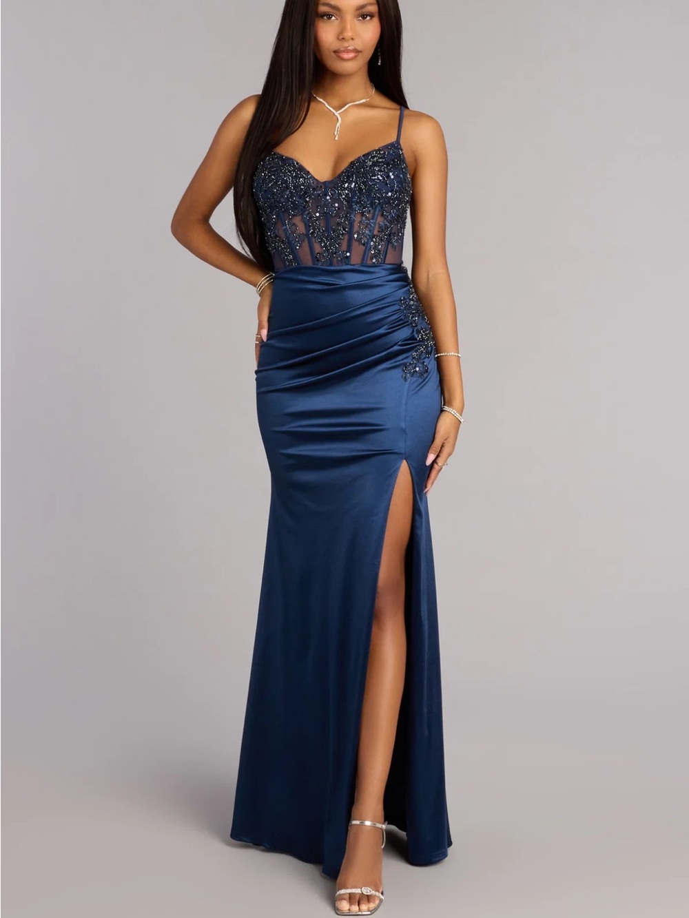Windsor Navy Beaded Mesh Prom Dress